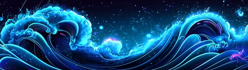 Obraz premium Abstract Blue Waves Glowing In Dark Space