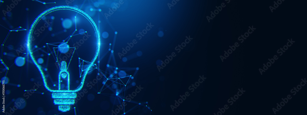 Poster futuristic neon lightbulb symbol with glowing blue connections on dark background. concept of innova