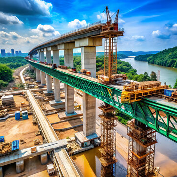 Bridge construction in Karain, showcasing engineering work with cranes