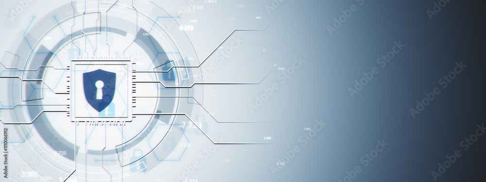Poster Digital shield lock icon surrounded by circuit lines on futuristic blue background. Cybersecurity and data protection concept. 3D Rendering