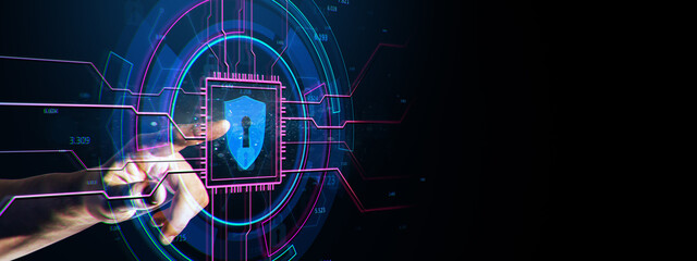 Digital interface with hand pressing lock icon, shield symbolizing cybersecurity and data protection on black background.