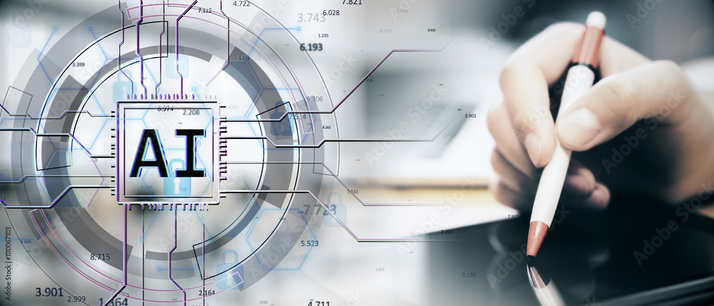Poster AI technology concept with futuristic circuit board and data, alongside a hand using a digital pen on a tablet, blurred background.
