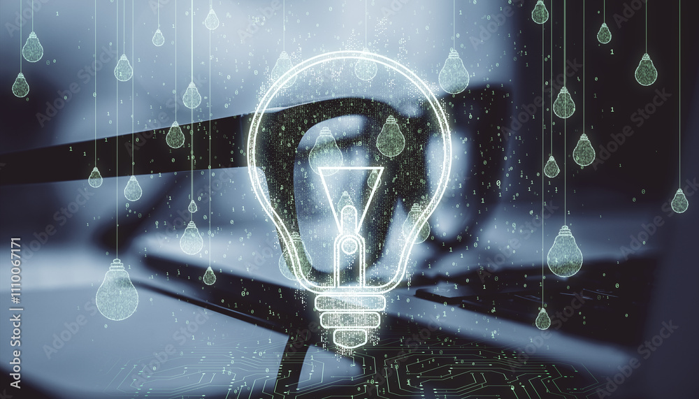 Poster Digital lightbulbs and glowing binary code overlay on blurred office tools background symbolizing innovation and technology.