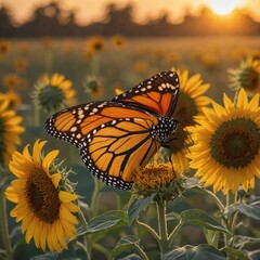 Naklejka premium A vibrant monarch butterfly resting on a blooming sunflower in a golden meadow during sunset.