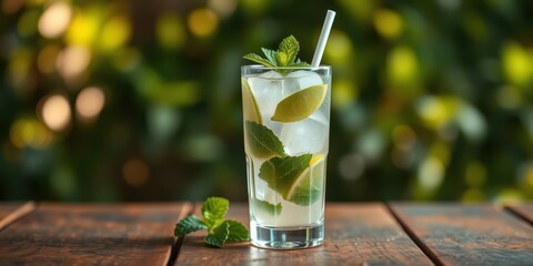 Refreshing Lime and Mint Beverage in Tall Glass on Wooden Tabletop with a Blurred Green Background