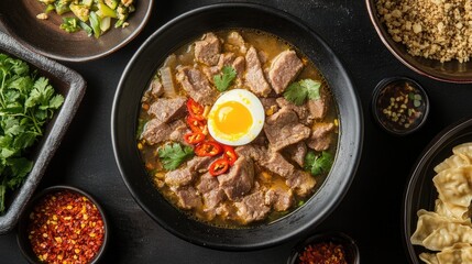 Savory Beef Soup with Egg, Chili, and Fresh Herbs in Bowl