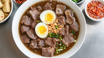 Delicious bowl of beef noodle soup with boiled eggs and toppings