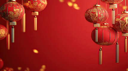 3D rendering of a Chinese New Year background with red lanterns and golden decorations on the left side of the frame