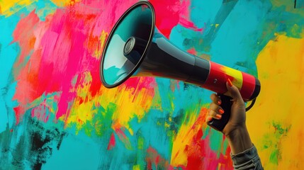 A Hand Holding a Megaphone in Front of a Colorful Background