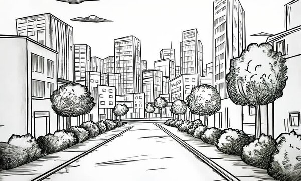 A black-and-white sketch of a city street lined with trees and tall buildings under a cloudy sky.