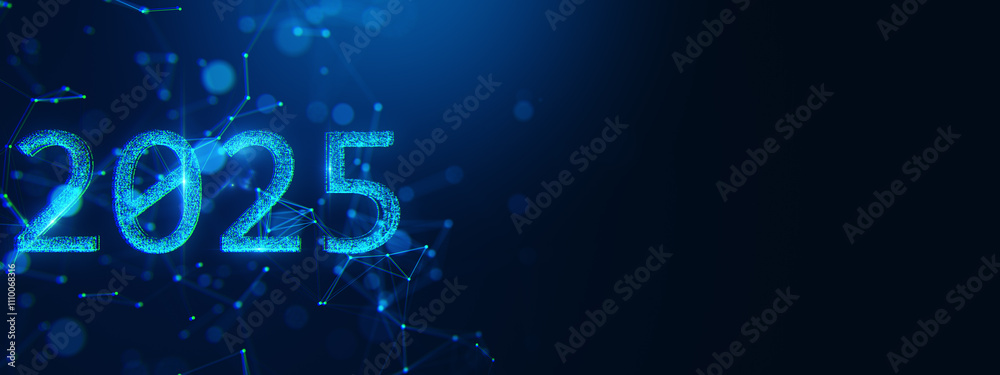 Poster 2025 digital futuristic glowing text with interconnected nodes on dark blue background. Concept of modern technology and virtual connections. 3D Rendering