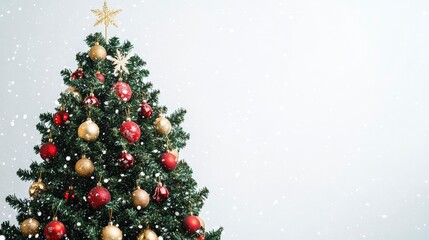 A festive tree in red and gold ornaments, against a clean white background with a snowy touch.