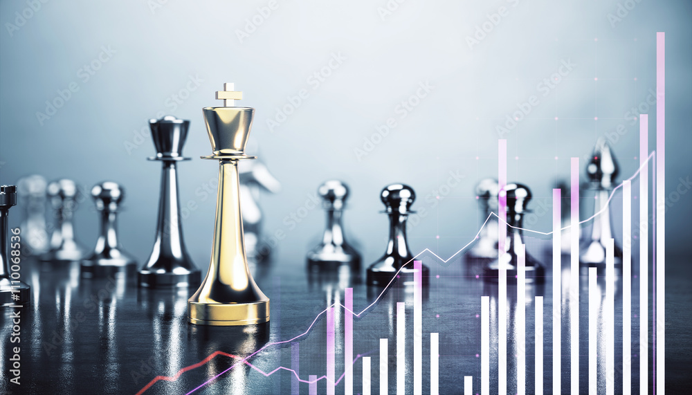 Poster chess pieces with financial growth chart on gradient background.