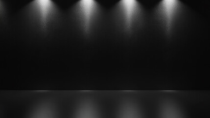 Naklejka premium Black studio room background. Use as montage for product display Dark empty studio room with three spotlights illuminating a minimalist black background, perfect for product photography or dramatic 
