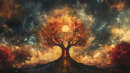 An esoteric concept linking karma and ancient incarnations with the sacred tree of life as the gate into the afterlife. Sacred. Illustration