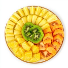 A tropical fruit platter with slices of mango, pineapple, and papaya