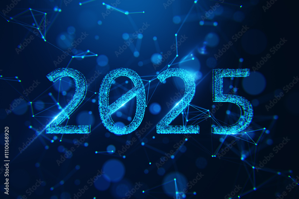 Poster 2025 glowing blue digital numbers surrounded by modern neon connections and virtual data lines on da