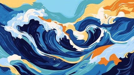 Abstract Ocean Waves in Blue Orange and White Hues