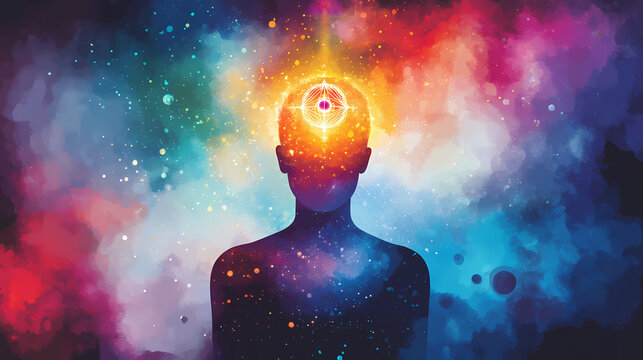 Chakra blooming colorful, pineal gland opening like a flower, third chakra, soul, sacred geometry, spiritual esoteric concept, astral, spirituality, meditation, generative ai. Sacred. Illustration