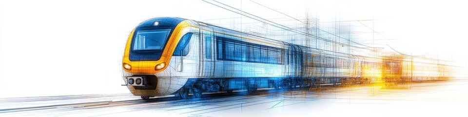 Fototapeta premium Modern train moving through a high-speed rail network during a vibrant sunrise