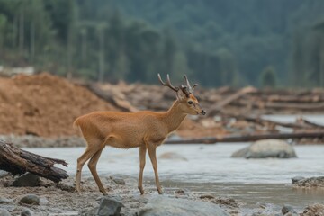 Young Deer Grazing on Riverbank Amidst Natural Landscape with Stones and Tree Logs, Surrounded by Lush Green Forest and Soft Light in Wilderness