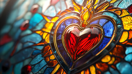 Close-up of a stunning sacred heart stained glass artwork with intense colors and elegant patterns in a peaceful setting. Sacred. Illustration