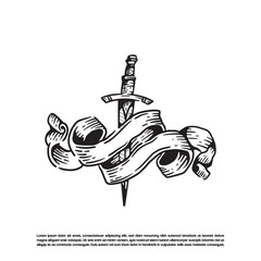 Vintage hand drawn dagger with ribbon vector art