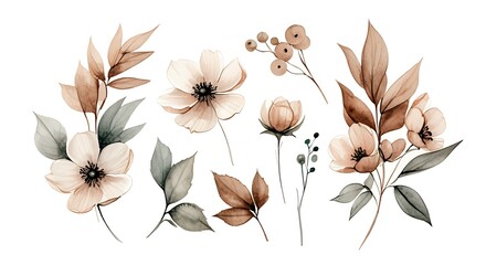 Watercolor Floral Elements Branches, Leaves, and Flowers