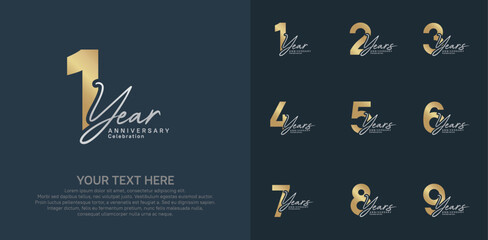 Anniversary logo set vector design, gold and silver color for celebration event