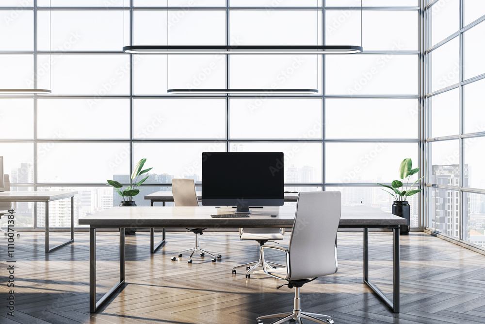 Poster modern office interior with work desks and chairs in a bright room with large windows and city view.
