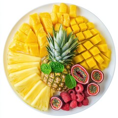 A tropical fruit platter with slices of pineapple, mango, and kiwi