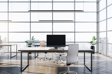 Modern office interior with work desks and chairs in a bright room with large windows and city view. 3D Rendering