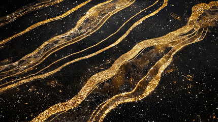 Gold dust glitter sparkle wave texture on the black background. Shimmer texture.