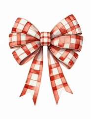  illustration of a classic red and white checkered bow, with a slightly hand-drawn texture that gives it a rustic, vintage feel, style watercolor. The bow should have neatly tied loops 