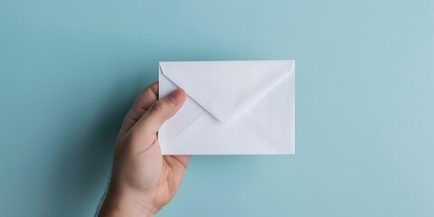 A hand holding a white envelope against a light blue background, symbolizing communication and correspondence.