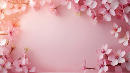 Obraz premium Pink background with pink cherry blossoms on the edges, pink background with peach blossom decoratio