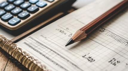 Close-Up View of Calculator, Pencil, and Open Notebook on Table