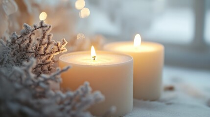 Two lit candles surrounded by snowflakes, creating a cozy winter atmosphere.