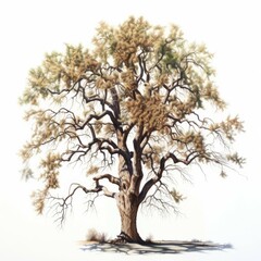 Fototapeta premium A large, old tree with gnarled branches and sparse foliage against a white background.