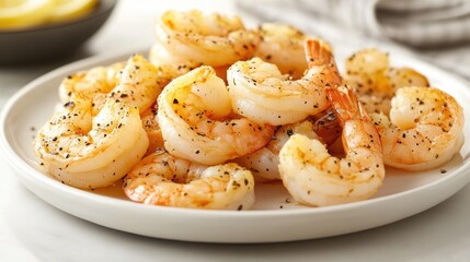 Freshly Cooked Shrimp with Seasoning on White Plate and Table