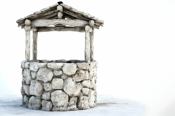 A stone well with a wooden roof, set against a minimalistic white background.