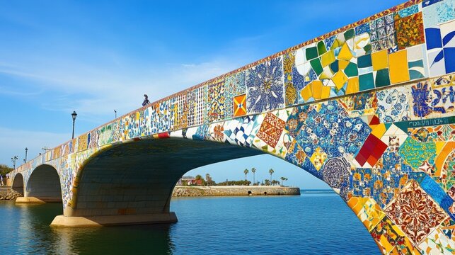 A bridge made of colorful tiles representing various cultural patterns, connecting two shores, Illustrating the connection and shared experiences among different cultures