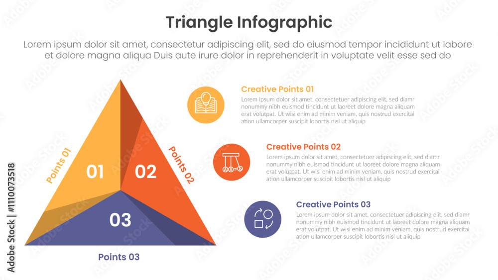 Poster triangle base shape infographic template banner with big shape on left and circle point stack on rig