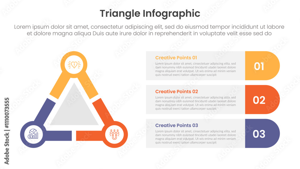 Poster triangle base shape infographic template banner with big triangle and circle on edge with round rect