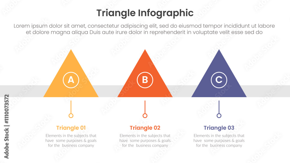 Poster triangle base shape infographic template banner with simple triangle pyramid on horizontal line dire