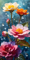 Elegant Watercolor Flowers with Dewdrops – Vibrant Floral Art