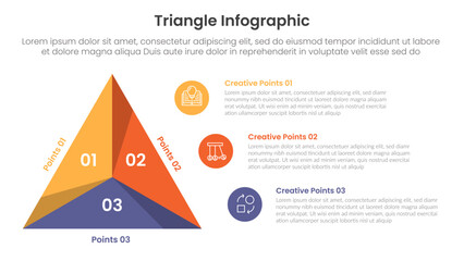 triangle base shape infographic template banner with big shape on left and circle point stack on right with 3 point for slide presentation