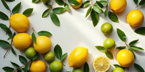 A vibrant arrangement of lemons and limes with lush green leaves, illuminated by sunlight, creating a refreshing and zesty composition.