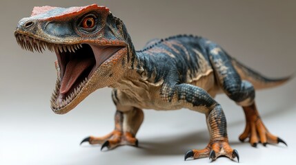 Obraz premium A 3D rendering of a young, fierce dinosaur with orange, blue, and black scales, its mouth open in a roar.