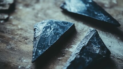 Close-up of ancient stone tools, sharp flint knives, and polished axes on a weathered wooden surface, symbolizing prehistoric craftsmanship and the dawn of human ingenuity.